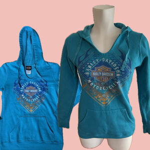 Harley Davidson Aqua Hoodie XS Y2K Graphic Logo Sweatshirt